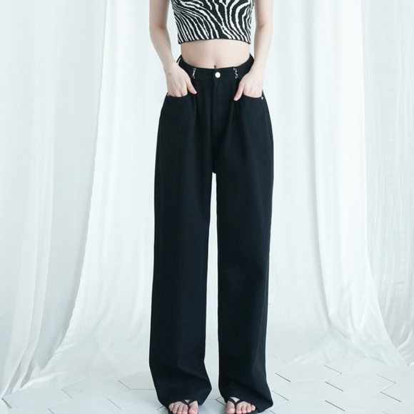 Buckle Wide Denim Pants Cotton Black Jeans | Avandress - MUSINSA - Picture 1 of 10